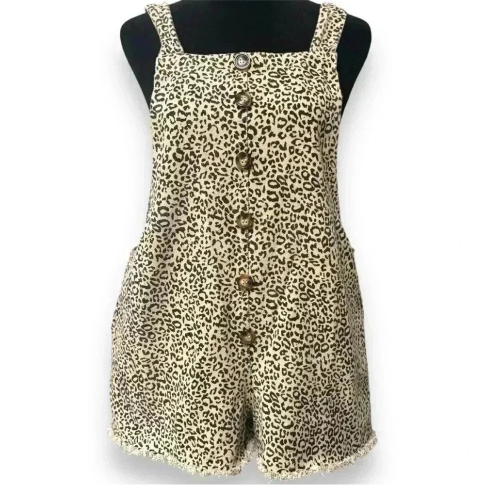 Princess Polly Womens Small Tan and Black Leopard Print Tie Strap Overall Shorts